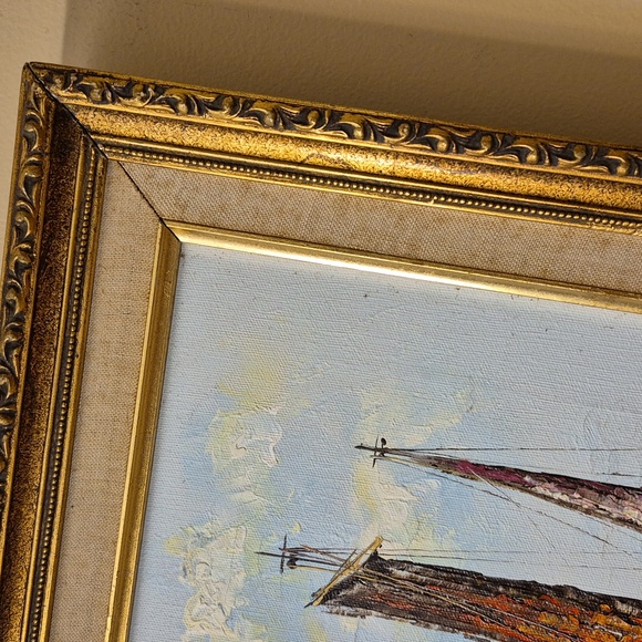 Vintage P.G. Tiele Oil on Canvas Painting - Nautical Boats in Harbor - Picture 5 of 9